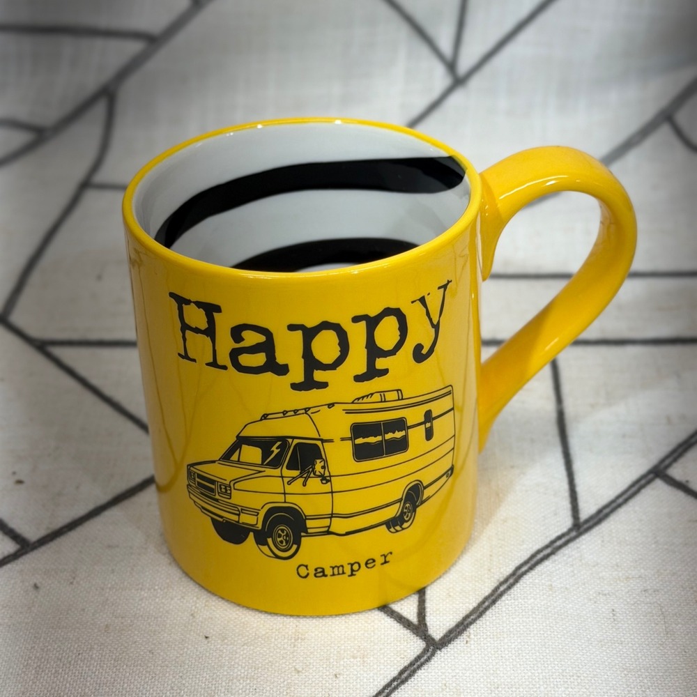 Our Name is Mud Coffee Mug 16oz Yellow Happy Camper Retro Van Spiral Interior